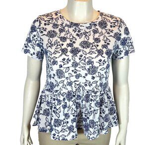 Bobeau Babydoll Peplum Womens L White Blue Floral Ruffle Hem Round Neck